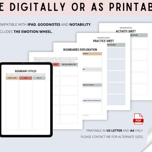 Pu&ograve; includere: Un foglio di lavoro stampabile digitale per impostare i confini. Il foglio di lavoro include sezioni su stili di confini, esplorazione dei confini e fogli di pratica. Il testo "Usa digitalmente o come stampabile" &egrave; in cima alla pagina. Il testo "Compatibile con iPad, Goodnotes e Notability. Include la ruota delle emozioni." &egrave; sotto il titolo. Il testo "Stampabile in US Letter e A4 solo. Per favore, contattami per dimensioni alternative." &egrave; in fondo alla pagina. Il testo "19 pagine" &egrave; nell'angolo in basso a destra della pagina.