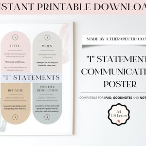 May include: A framed "I" Statements Communication Poster with a white border. The poster features four coloured sections with text, including "I Feel," "When," "Because," and "Positive Resolution." The top of the poster reads "Instant Printable Download."