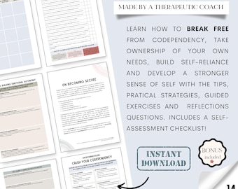 May include: A digital download of a workbook titled "Heal Your Codependency" made by a therapeutic coach. The workbook includes 14 pages of exercises, reflections, and a self-assessment checklist to help you break free from codependency, take ownership of your needs, build self-reliance, and develop a stronger sense of self.