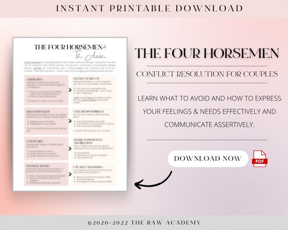 THE FOUR HORSEMEN Infosheet -- Improve Your Communication Skills + Conflict Resolution for Couples (therapy poster, office decor)