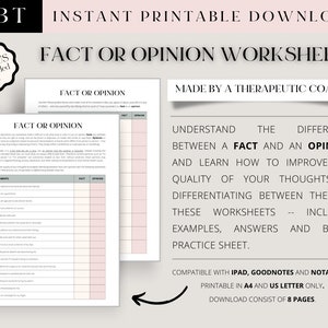 CBT Fact or Opinion Worksheets -- Change negative core beliefs/ Cognitive restructuring/ Unhelpful thinking styles/ Therapy Counseling Aid