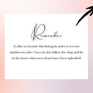 K&ouml;nnte beinhalten: Eine Erinnerung, um ein Angebot zu m&ouml;gen oder zu favorisieren, um Updates zu Verk&auml;ufen zu erhalten. Sie k&ouml;nnen dem Shop auch folgen, um benachrichtigt zu werden, wenn neue Artikel hochgeladen werden.