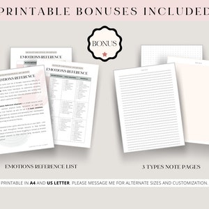 K&ouml;nnte beinhalten: Druckbare Bonus-Ressourcen f&uuml;r emotionale Bewusstheit, darunter drei Arten von Notizseiten und zwei Emotionsreferenzlisten. Die druckbaren Ressourcen sind in den Formaten A4 und US Letter verf&uuml;gbar. Der Text auf dem Bild lautet: "Druckbare Boni enthalten, Emotionsreferenz, 3 Arten von Notizseiten, Druckbar in A4 und US Letter. Bitte kontaktieren Sie mich f&uuml;r alternative Gr&ouml;&szlig;en und Anpassungen."
