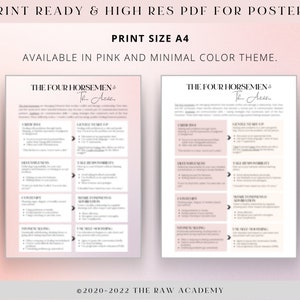 Puede incluir: Un p&oacute;ster imprimible en rosa y blanco con el t&iacute;tulo "The Four Horsemen & The Aces." El p&oacute;ster enumera cuatro estilos de comunicaci&oacute;n y sus ant&iacute;dotos correspondientes. El p&oacute;ster est&aacute; disponible en tama&ntilde;o A4 y est&aacute; listo para imprimir.