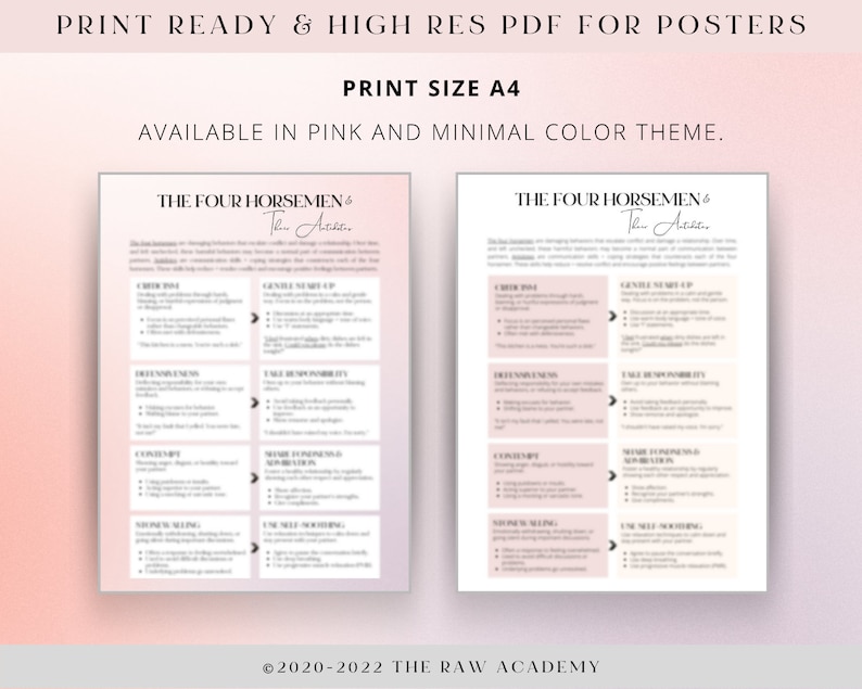 Puede incluir: Un p&oacute;ster imprimible en rosa y blanco con el t&iacute;tulo "The Four Horsemen & The Aces." El p&oacute;ster enumera cuatro estilos de comunicaci&oacute;n y sus ant&iacute;dotos correspondientes. El p&oacute;ster est&aacute; disponible en tama&ntilde;o A4 y est&aacute; listo para imprimir.