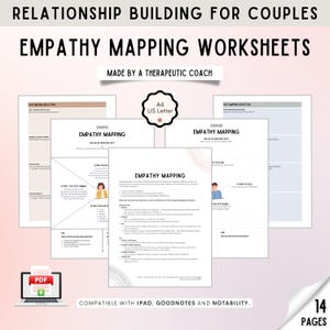 May include: A set of printable worksheets for couples to use for relationship building. The worksheets are titled "Empathy Mapping" and are designed to help couples understand each other's perspectives. The worksheets are compatible with iPad, Goodnotes and Notability. The worksheets are made by a therapeutic coach.