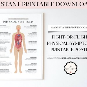 May include: Printable poster with a human illustration showing the physical symptoms of the fight-or-flight response. The poster is titled "Fight-or-Flight Physical Symptoms Printable Poster" and is compatible with iPad, Goodnotes, and Notability. The poster is A4 size.