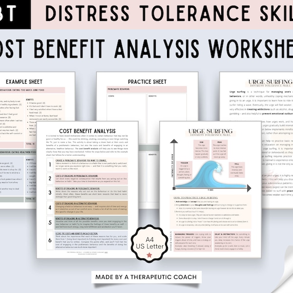 DBT Kosten Nutzen Analyse Arbeitsblätter -- Distress Tolerance, Emotionale Regulation, Sucht Coping Fähigkeiten, Drang Surfen, Therapie Werkzeuge, CBT