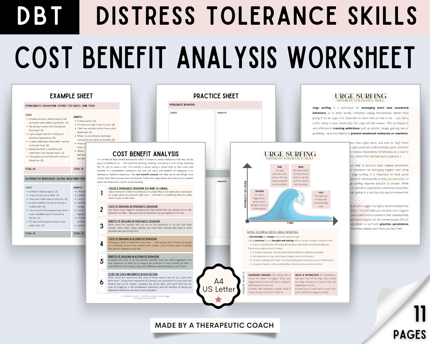 DBT Cost Benefit Analysis Worksheets Distress Tolerance, Emotional ...