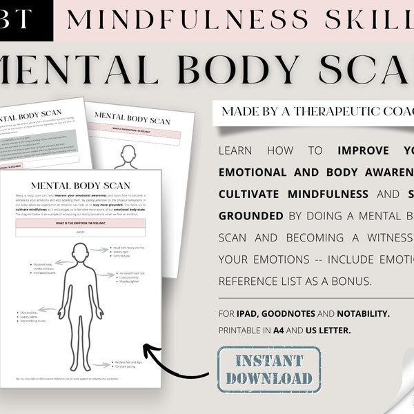 MENTAL BODY SCAN -- Mindfulness Meditation Activity, Emotional Regulation, Anxiety Coping Skill (dbt/ mental health/ therapy/ counselling)