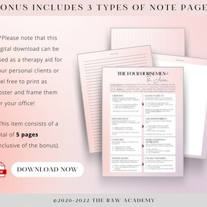 Puede incluir: Una descarga digital de p&aacute;ginas de notas imprimibles para terapia. La descarga incluye tres tipos de p&aacute;ginas de notas: rayadas, punteadas y una p&aacute;gina con el texto "The Four Horsemen" y una lista de vi&ntilde;etas. El texto "Bonus Includes 3 Types of Note Pages" est&aacute; en la parte superior de la imagen. El texto "Download Now" est&aacute; en un bot&oacute;n azul con un icono de PDF.