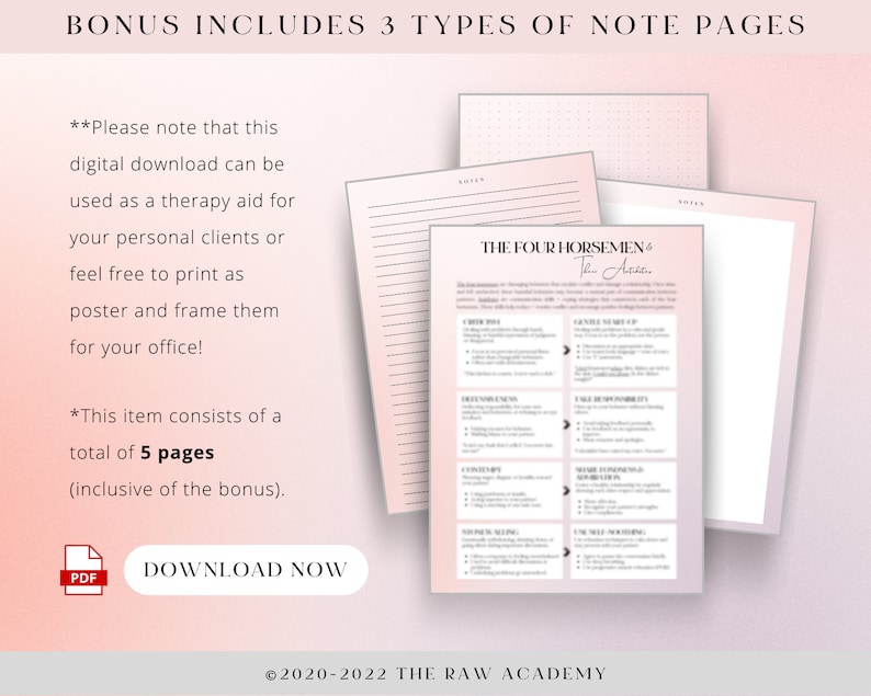 Puede incluir: Una descarga digital de p&aacute;ginas de notas imprimibles para terapia. La descarga incluye tres tipos de p&aacute;ginas de notas: rayadas, punteadas y una p&aacute;gina con el texto "The Four Horsemen" y una lista de vi&ntilde;etas. El texto "Bonus Includes 3 Types of Note Pages" est&aacute; en la parte superior de la imagen. El texto "Download Now" est&aacute; en un bot&oacute;n azul con un icono de PDF.