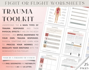 May include: A printable toolkit for understanding the four main types of trauma responses and their physical effects on the body. The toolkit includes worksheets to help process worries and regulate emotions. The cover features the text "Trauma Toolkit" in a pink and white color scheme.