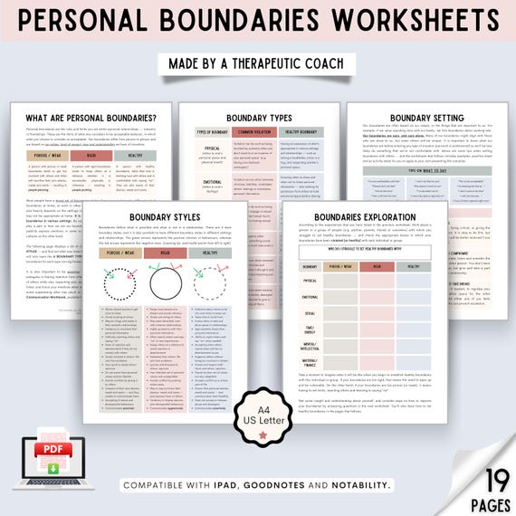 BOUNDARY SETTING WORKSHEETS -- Set healthy personal boundaries | Improve your relationships | Communicate assertively | Therapy tools