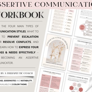 Peut inclure: Un classeur numérique intitulé "Assertive Communication Workbook" avec un schéma de couleurs rose et beige. Le classeur enseigne les styles de communication, la résolution des conflits et l'expression efficace des sentiments et des besoins. Il est disponible en deux thèmes de couleurs et est compatible avec iPad, Goodnotes et Notability.