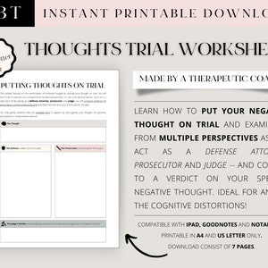 CBT THOUGHT TRIAL Worksheet -- cognitive restructuring/ unhelpful thinking patterns/ thought processing/ therapy counseling mental health