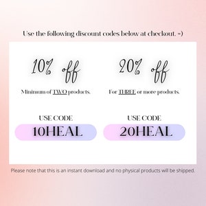 May include: A pink and white graphic with text that says "Use the following discount codes below at checkout. =)". There are two discount codes: 10% off for a minimum of two products, use code 10HEAL, and 20% off for three or more products, use code 20HEAL.