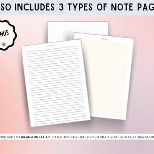 Pu&ograve; includere: Tre pagine di note stampabili, tra cui pagine a righe, punteggiate e vuote. Le pagine sono etichettate come "Note" e sono stampabili in formato A4 e US Letter. L'immagine include anche una stella bonus.
