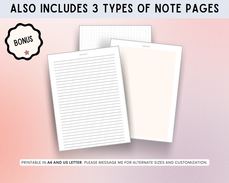 Pu&ograve; includere: Tre pagine di note stampabili, tra cui pagine a righe, punteggiate e vuote. Le pagine sono etichettate come "Note" e sono stampabili in formato A4 e US Letter. L'immagine include anche una stella bonus.