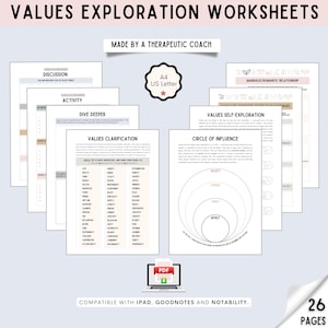 WERTE EXPLORATION ARBEITSBLÄTTER -- Persönliche Überzeugungen | Identifizieren Sie die Grundwerte | Akzeptanz- und Bindungstherapie | Mentales Gesundheits-Tool