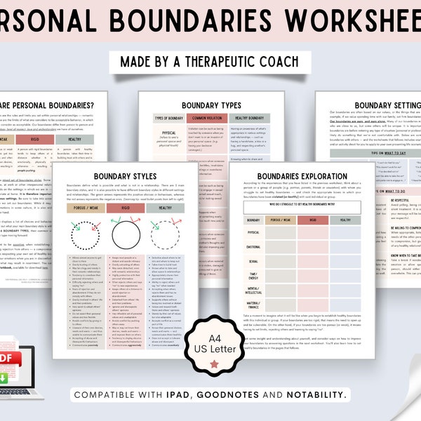 BOUNDARY SETTING WORKSHEETS -- Set healthy personal boundaries | Improve your relationships | Communicate assertively | Therapy tools