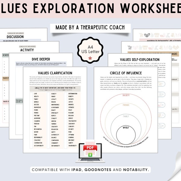 VALUES EXPLORATION WORKSHEETS -- Personal Beliefs | Identify Core Values | Acceptance and Commitment Therapy | Mental Health Tool