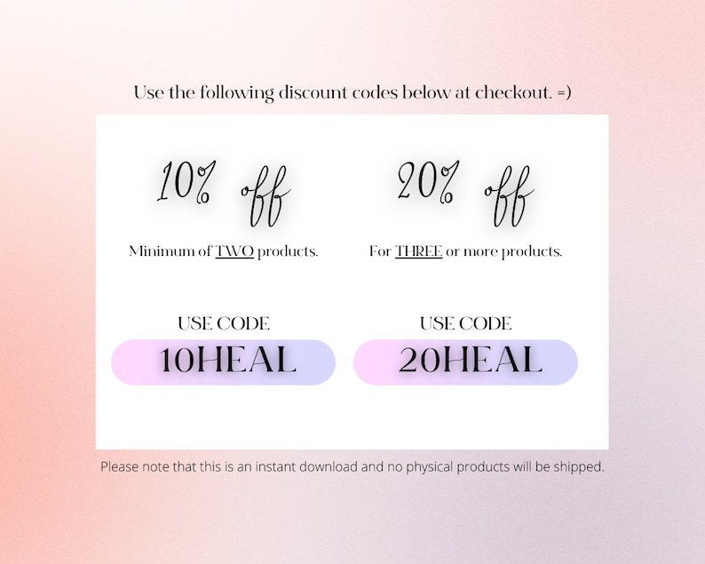 K&ouml;nnte beinhalten: Eine rosa und lila Grafik mit dem Text "Nutze die folgenden Rabattcodes beim Auschecken. =)". Die Grafik zeigt zwei Rabattcodes: 10 % Rabatt f&uuml;r mindestens zwei Produkte mit dem Code "10HEAL" und 20 % Rabatt f&uuml;r drei oder mehr Produkte mit dem Code "20HEAL".