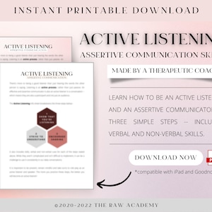 Può includere: Guida stampabile dal titolo "Active Listening: Assertive Communication Skills" realizzata da un coach terapeutico. La guida spiega come essere un ascoltatore attivo e un comunicatore assertivo in tre semplici passaggi, coprendo sia le abilità verbali che non verbali. La guida è compatibile con iPad e Goodnotes.