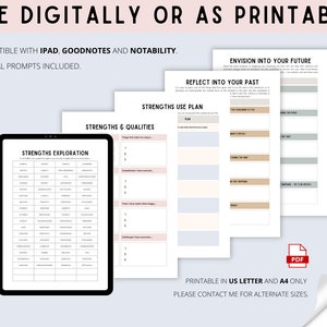 Pu&ograve; includere: Un foglio di lavoro stampabile digitale per esplorare e riflettere sui propri punti di forza. Il foglio di lavoro include sezioni per identificare i punti di forza, le qualit&agrave; e come usarli in futuro. Il foglio di lavoro &egrave; compatibile con iPad, Goodnotes e Notability. Il testo "USE DIGITALLY OR AS PRINTABLE" &egrave; in alto nell'immagine.