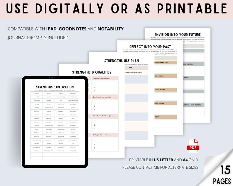 Pu&ograve; includere: Un foglio di lavoro stampabile digitale per esplorare e riflettere sui propri punti di forza. Il foglio di lavoro include sezioni per identificare i punti di forza, le qualit&agrave; e come usarli in futuro. Il foglio di lavoro &egrave; compatibile con iPad, Goodnotes e Notability. Il testo "USE DIGITALLY OR AS PRINTABLE" &egrave; in alto nell'immagine.