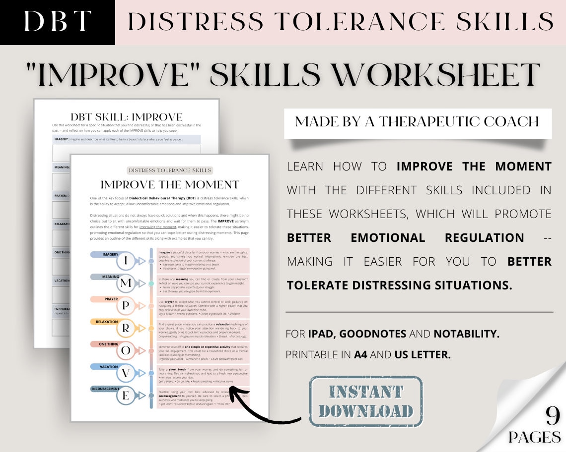 DBT IMPROVE SKILLS Worksheets Distress Tolerance Skills/ Anxiety Coping ...