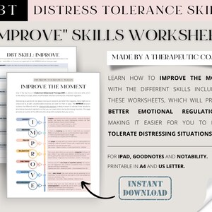 DBT IMPROVE SKILLS worksheets -- Distress tolerance skills/ Anxiety coping skill/ Emotional regulation (counselling, therapy, coaching aid)