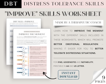 DBT IMPROVE SKILLS worksheets -- Distress tolerance skills/ Anxiety coping skill/ Emotional regulation (counselling, therapy, coaching aid)
