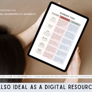 Pu&ograve; includere: Un tablet digitale che mostra una tabella intitolata "Tipi di confini" con categorie per diversi tipi di confini, violazioni comuni e confini sani. La tabella include categorie come fisico, emotivo, sociale, tempo/energia, mentale/intellettuale, materiale/finanziario. Il testo "Stampabile in A4 e lettera US solo. Per favore, contattami per dimensioni alternative e personalizzazione." &egrave; in fondo alla tabella. Il testo "ANCHE IDEALE COME RISORSA DIGITALE" &egrave; in fondo all'immagine.