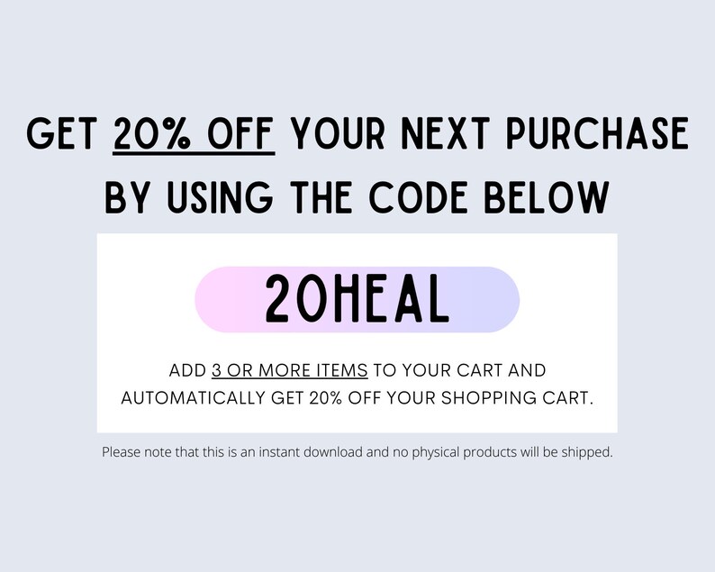 Pu&ograve; includere: Un rettangolo con sfumatura rosa e viola con il testo "20HEAL" in nero. Il testo sotto il rettangolo dice "AGGIUNGI 3 O PI&Ugrave; ARTICOLI AL TUO CARRELLO E OTTIENI AUTOMATICAMENTE IL 20% DI SCONTO SUL TUO CARRELLO DELLA SPESA." Il testo in basso dice "Si prega di notare che questo &egrave; un download istantaneo e non saranno spediti prodotti fisici."