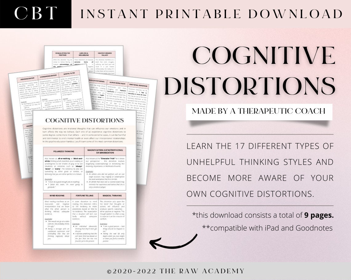 COGNITIVE DISTORTION INFOSHEET -- Cognitive Restructuring/ Unhelpful thinking styles/ Coping Skills/ Anxiety/ Therapy Aid/ cbt/ dbt