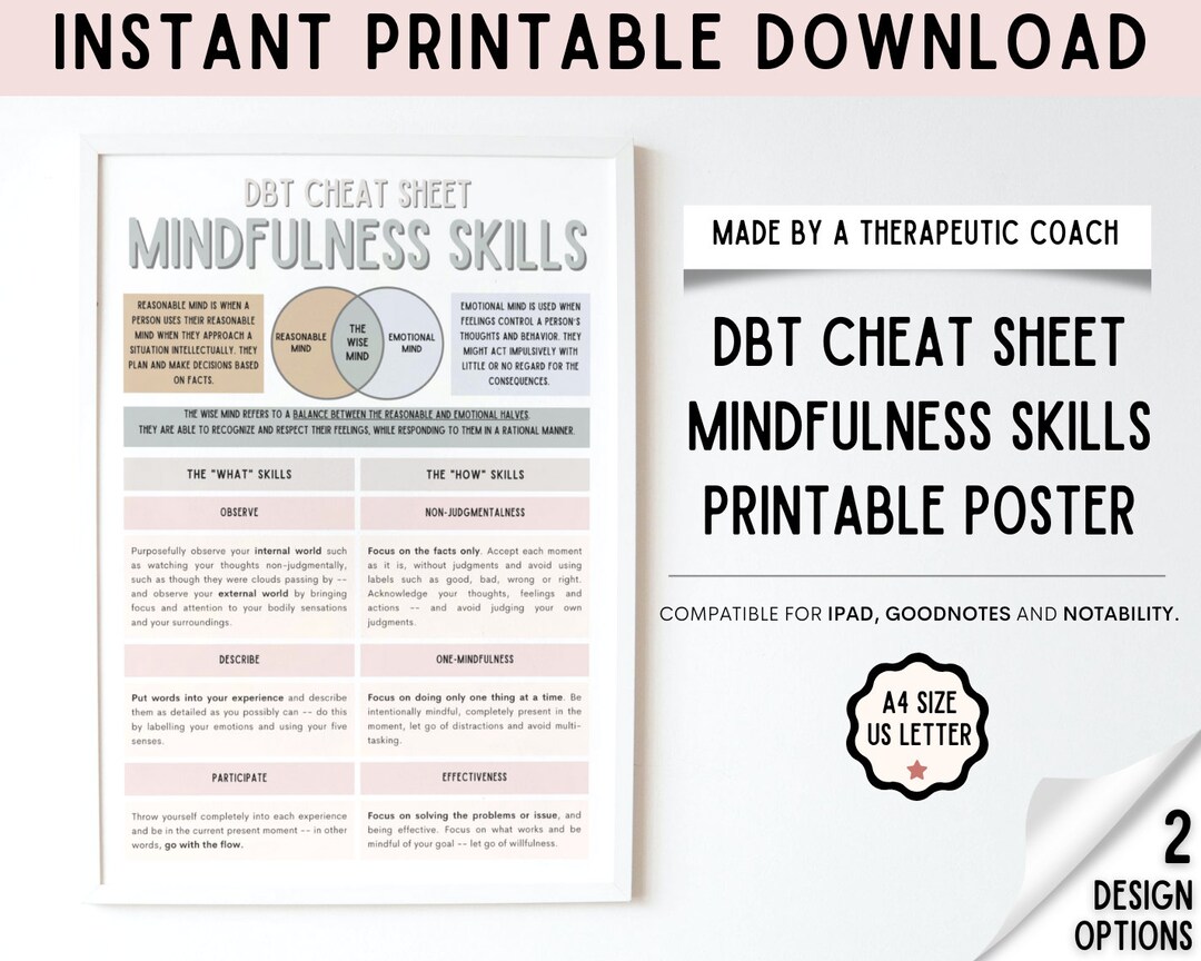 DBT MINDFULNESS SKILLS Cheat Sheet Distress Tolerance Emotional