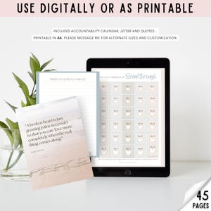 May include: A digital printable breakup journal with 45 pages. The journal includes a 30-day breakup calendar, a letter to your ex, and quotes. The journal is designed with a light blue and gray color scheme and features a quote about a broken heart.