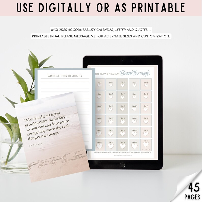 May include: A digital printable breakup journal with 45 pages. The journal includes a 30-day breakup calendar, a letter to your ex, and quotes. The journal is designed with a light blue and gray color scheme and features a quote about a broken heart.