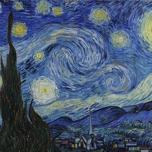 May include: A swirling blue night sky with a crescent moon and stars. A dark green cypress tree stands in the foreground, with a small village in the distance.