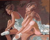 Two girl ballet dancers sitting - XLarge vintage hand stitched needlepoint tapestry ideal for cushion, pillow, bag