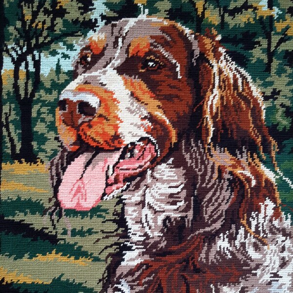 Springer spaniel - vintage hand stitched needlepoint tapestry ideal for wall/cushion/pillow/bag/stool/chair cover