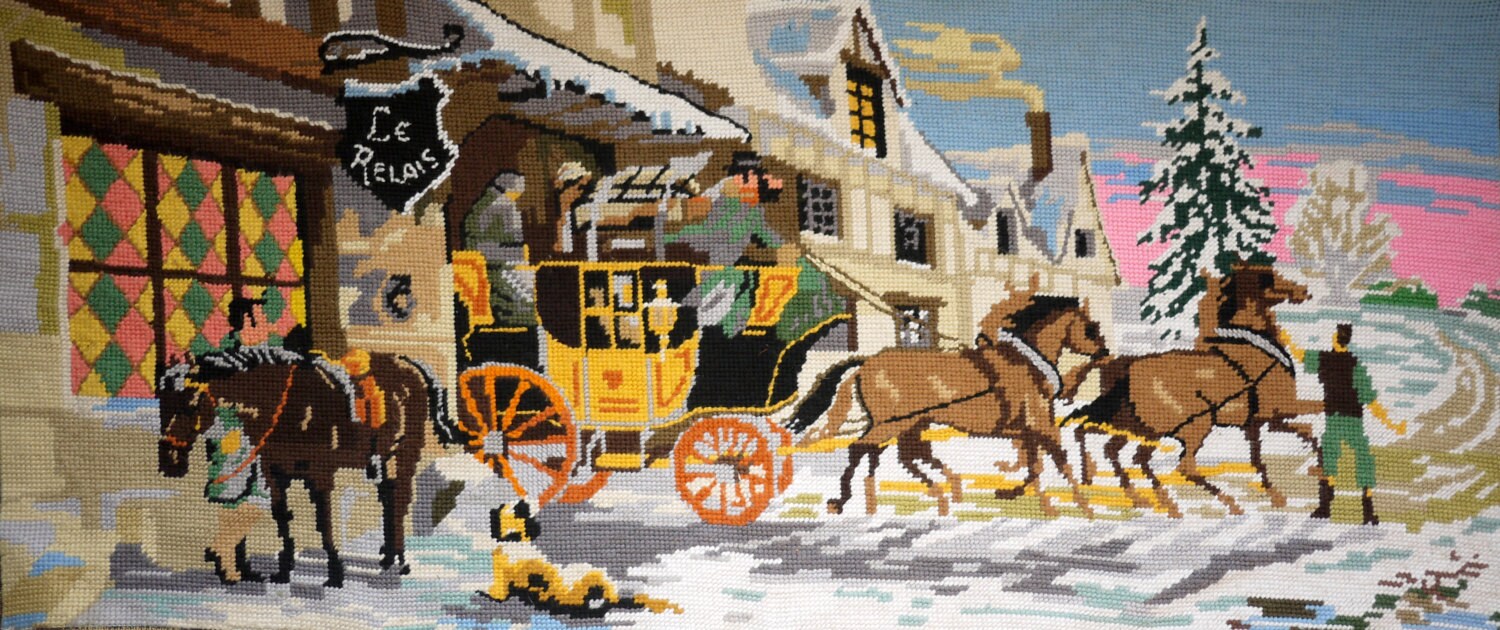 Entraîneur de Cheval Étape Dessinée Laissant La Inn Cousu à Main Vintage Tapisserie Tapisserie