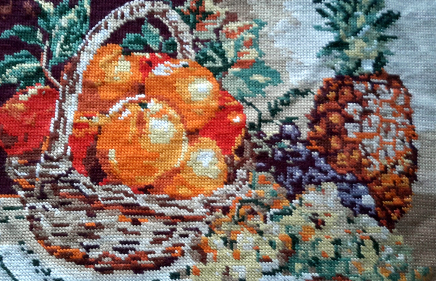 Panier d'oranges avec Des Raisins et Ananas Vintage à La Main Cousu Tapisserie Aiguille