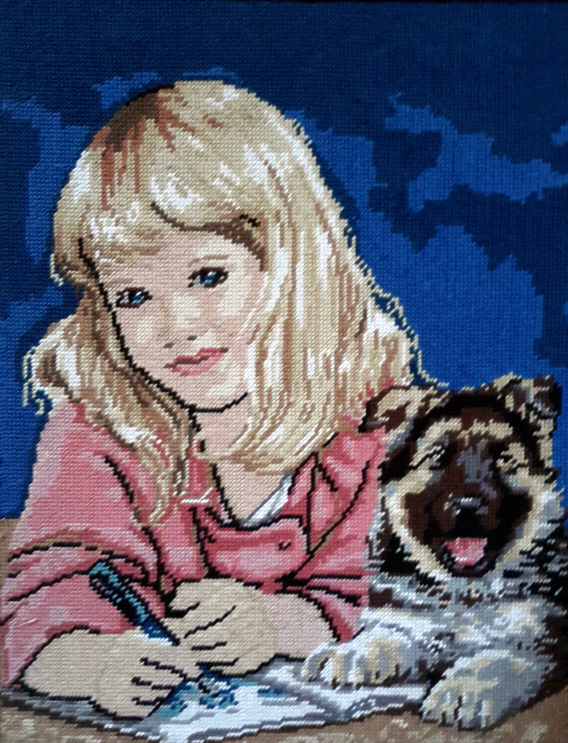 Girl With Puppy Hand Stitched Needlepoint Tapestry Ideal for Etsy
