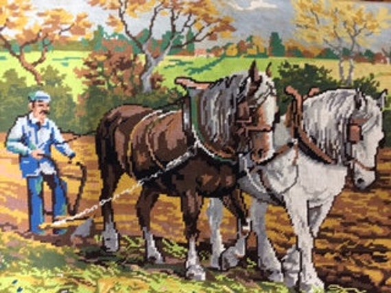 Chevaux Labourant et Tapisserie Point d'aiguille Cousue Idéale Pour Le Cadrage, Coussin, Oreiller, S