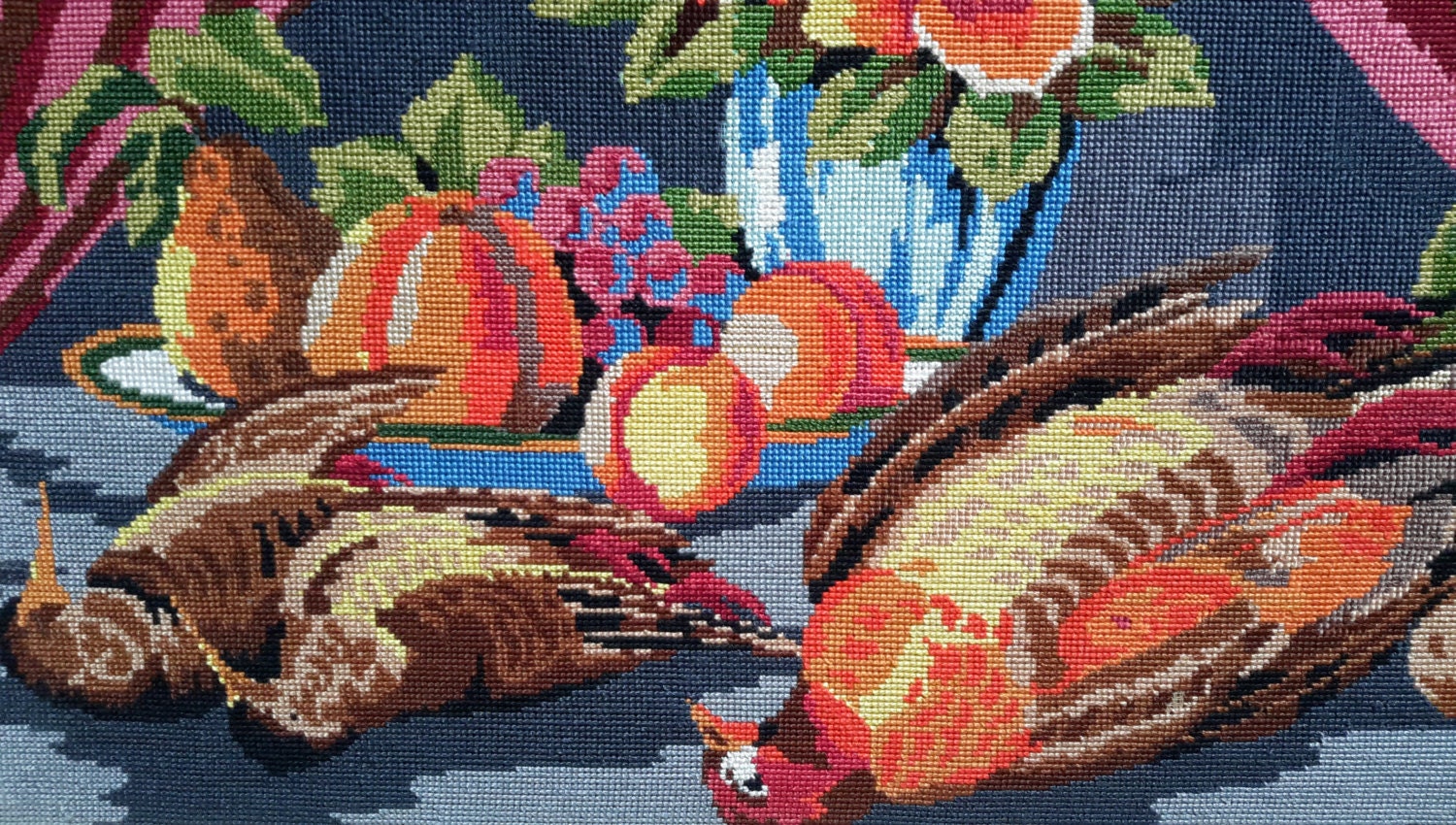 Gibier à Plumes/Chasse Nature Morte - Pointe d'aiguille Cousue La Main Vintage Français Tapisserie I