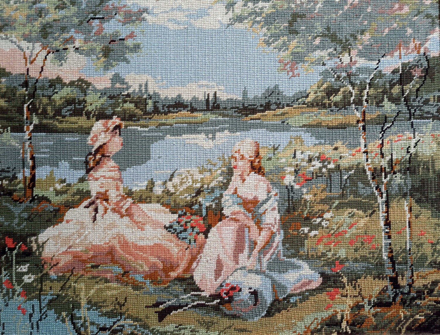 Filles de Peinture Classique Par Lac - Aiguille Cousue à La Main Vintage Français Tapisserie Idéale 