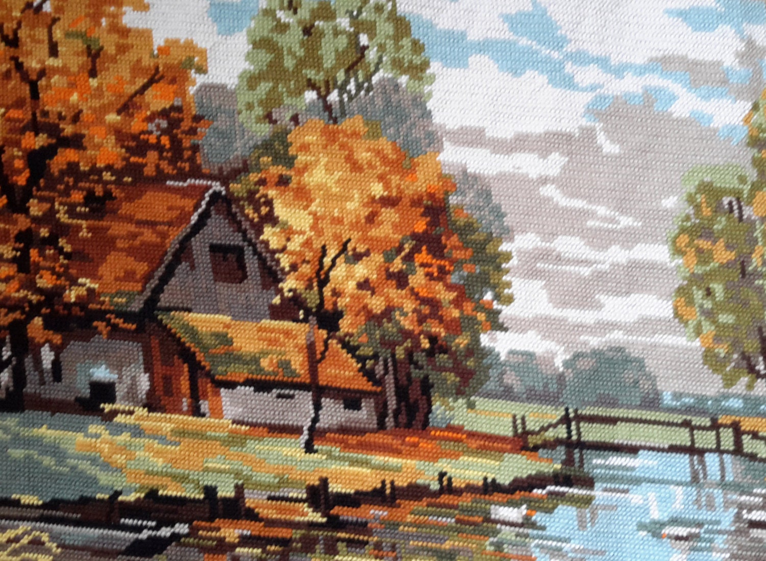 River in Autumn By E.kruger Vintage Main Cousue Tapisserie Aiguille Idéal Pour Mur/Coussin Oreiller 