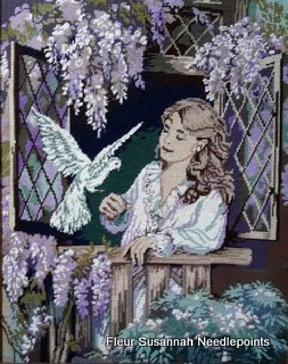 Fille avec La Colombe et Tapisserie de Pointe d'aiguille Scie à Main Cru Glycine Idéale Pour Le Cadr